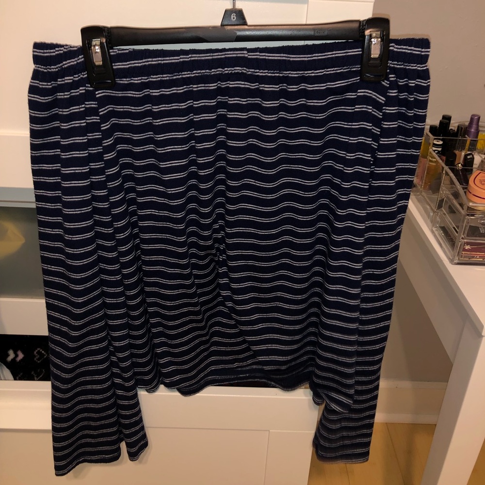 Blue and white pinstripe off the shoulder blouse